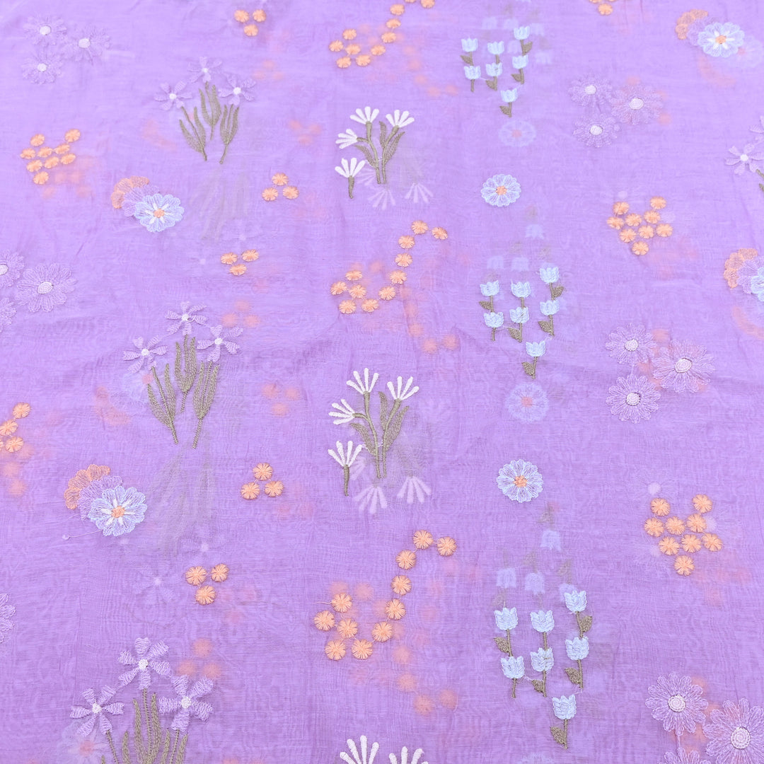Lavender Color Mul Chanderi Thread Embroidered Fabric | Soft Designer Fabric- ZA8141-6
