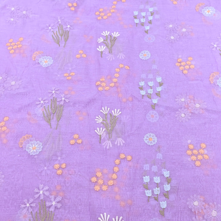 Lavender Color Mul Chanderi Thread Embroidered Fabric | Soft Designer Fabric- ZA8141-6