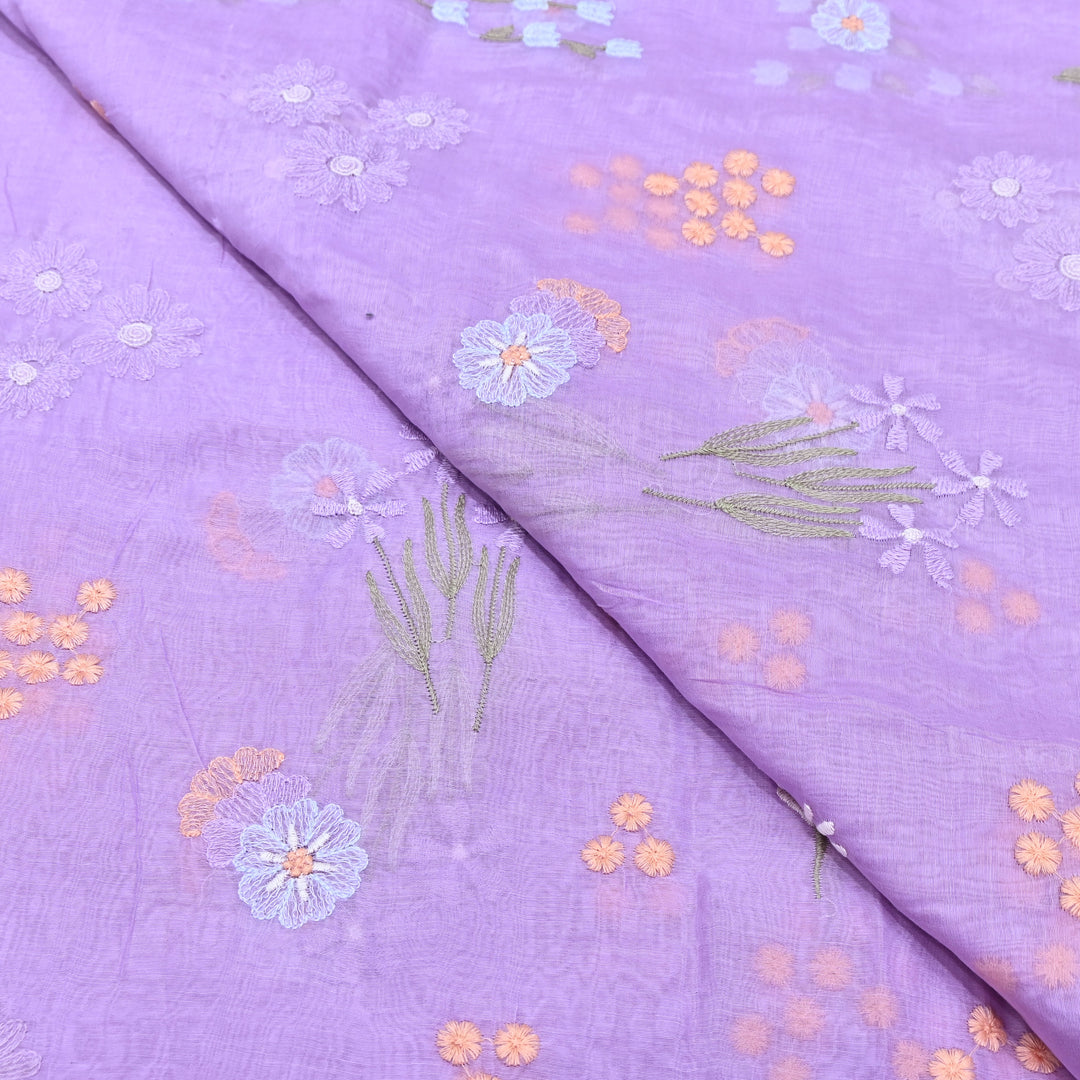 Lavender Color Mul Chanderi Thread Embroidered Fabric | Soft Designer Fabric- ZA8141-6