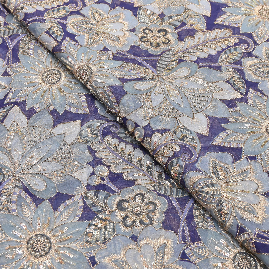 Dyed Viscose Organza Positional Print with Zari & Sequin Embroidery Fabric - V3338C-1