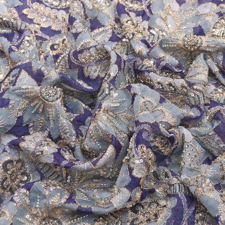 Dyed Viscose Organza Positional Print with Zari & Sequin Embroidery Fabric - V3338C-1