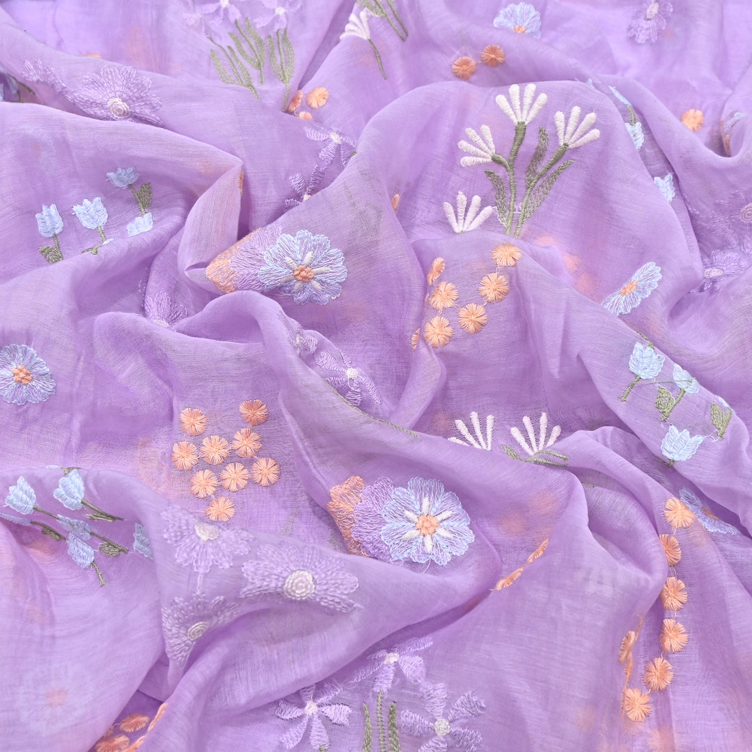 Lavender Color Mul Chanderi Thread Embroidered Fabric | Soft Designer Fabric- ZA8141-6