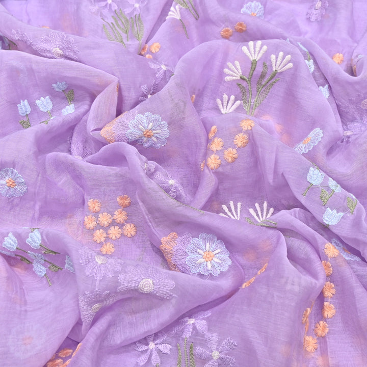 Lavender Color Mul Chanderi Thread Embroidered Fabric | Soft Designer Fabric- ZA8141-6