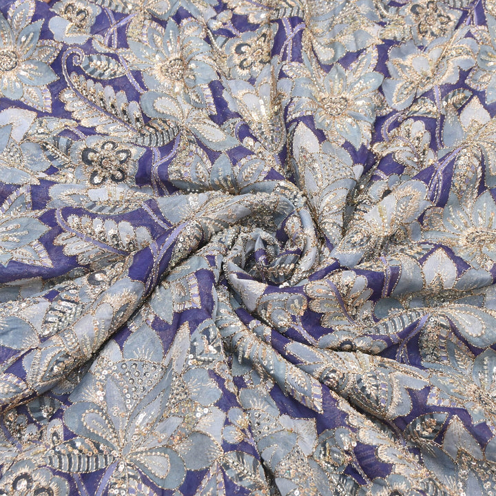Dyed Viscose Organza Positional Print with Zari & Sequin Embroidery Fabric - V3338C-1