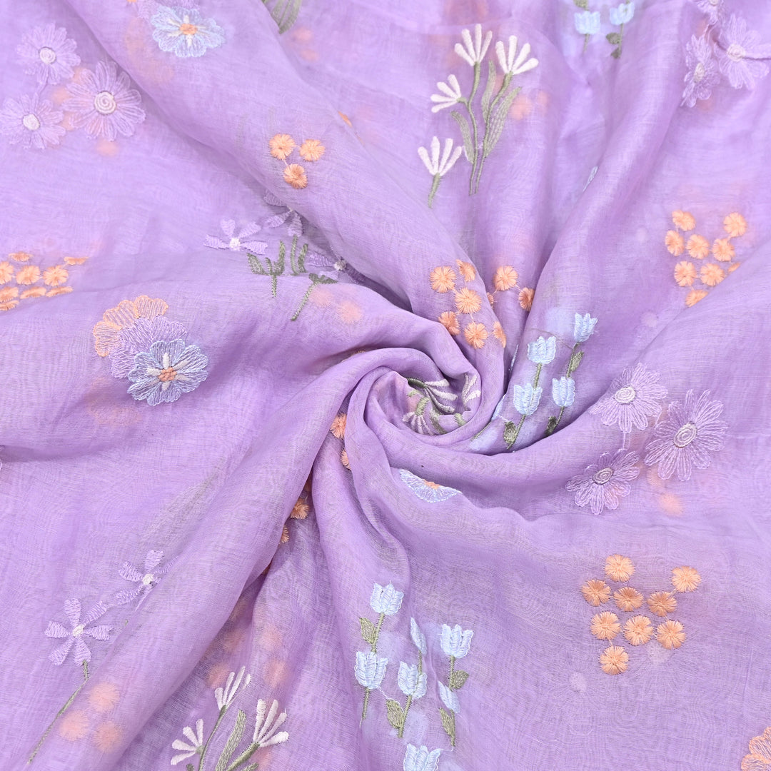 Lavender Color Mul Chanderi Thread Embroidered Fabric | Soft Designer Fabric- ZA8141-6