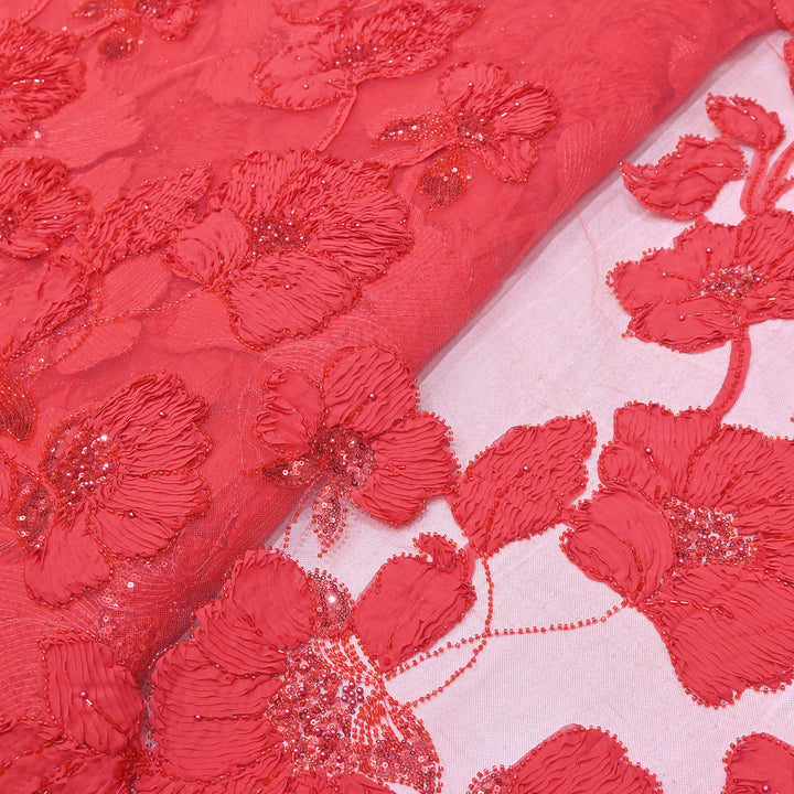 Premium Imported Net Floral 3D Appliqué Fabric with Sequins, Cut Dana & Bead Embroidery 60" | HW7041-01