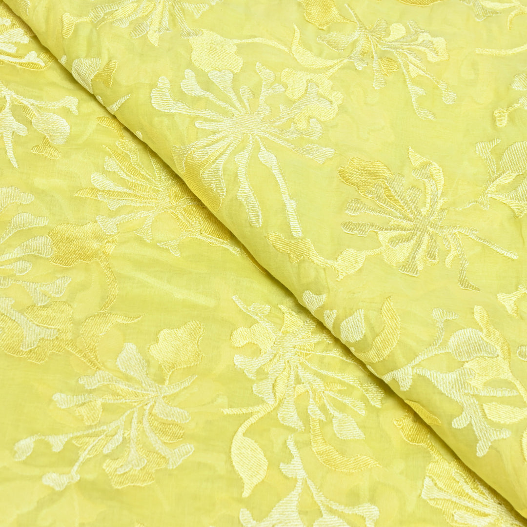 Lemon Zest Yellow Color Mul Chanderi Thread Embroidery Fabric – Soft Lightweight Designer Fabric-SW2663-5