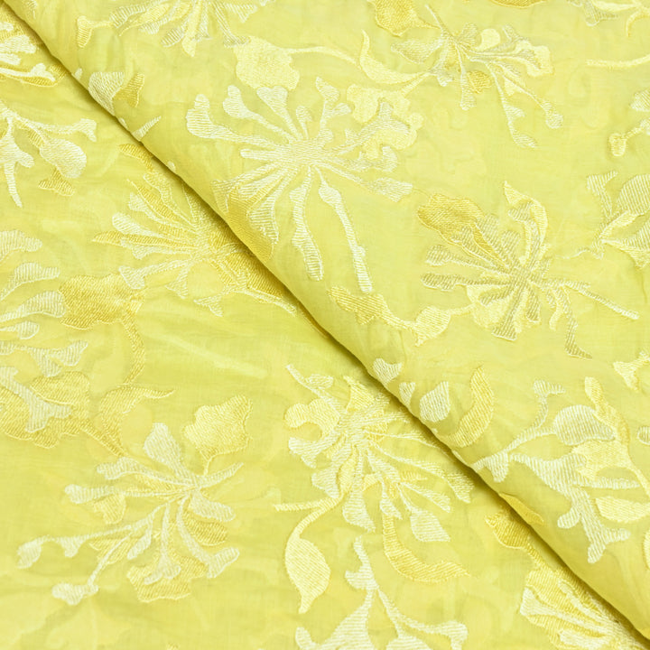 Lemon Zest Yellow Color Mul Chanderi Thread Embroidery Fabric – Soft Lightweight Designer Fabric-SW2663-5