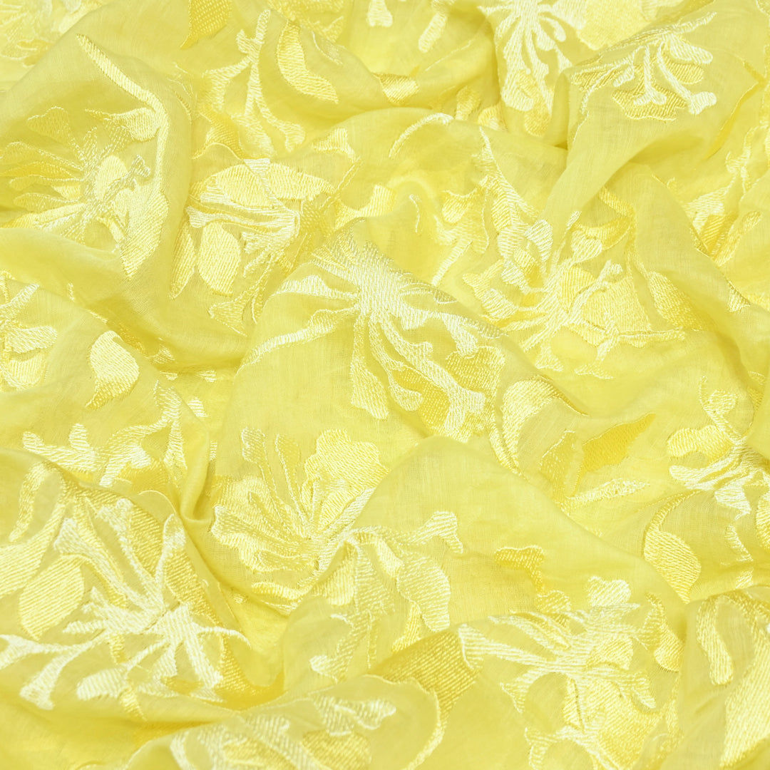 Lemon Zest Yellow Color Mul Chanderi Thread Embroidery Fabric – Soft Lightweight Designer Fabric-SW2663-5
