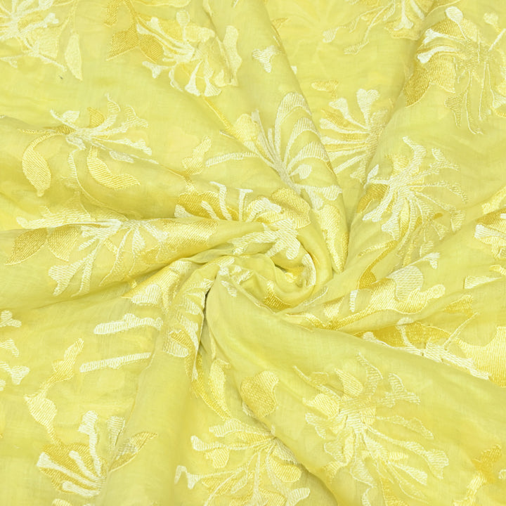 Lemon Zest Yellow Color Mul Chanderi Thread Embroidery Fabric – Soft Lightweight Designer Fabric-SW2663-5