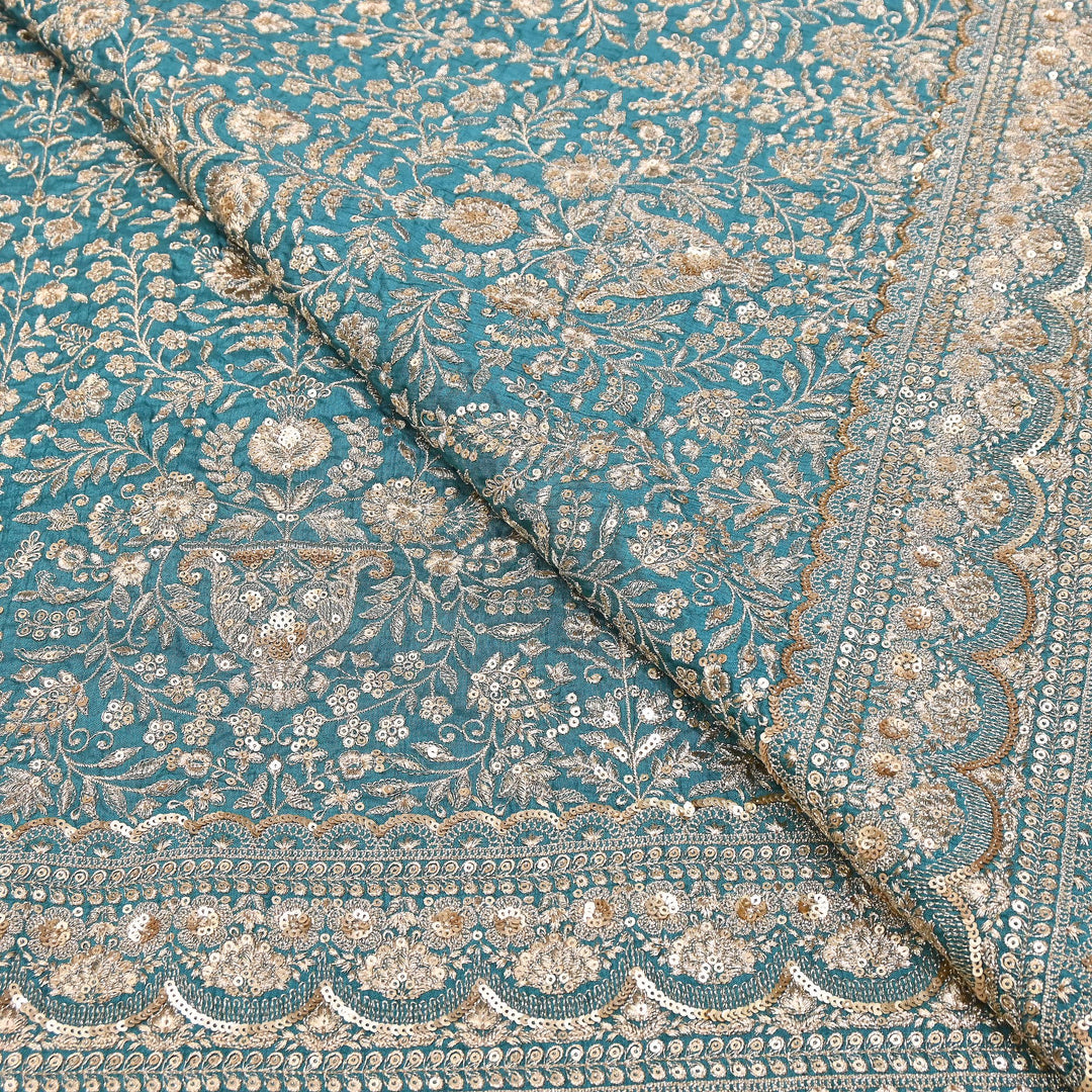 Dyed Bamberg Raw Silk Zari Sequin Embroidered Fabric | Designer Floral Fabric | D028975-B