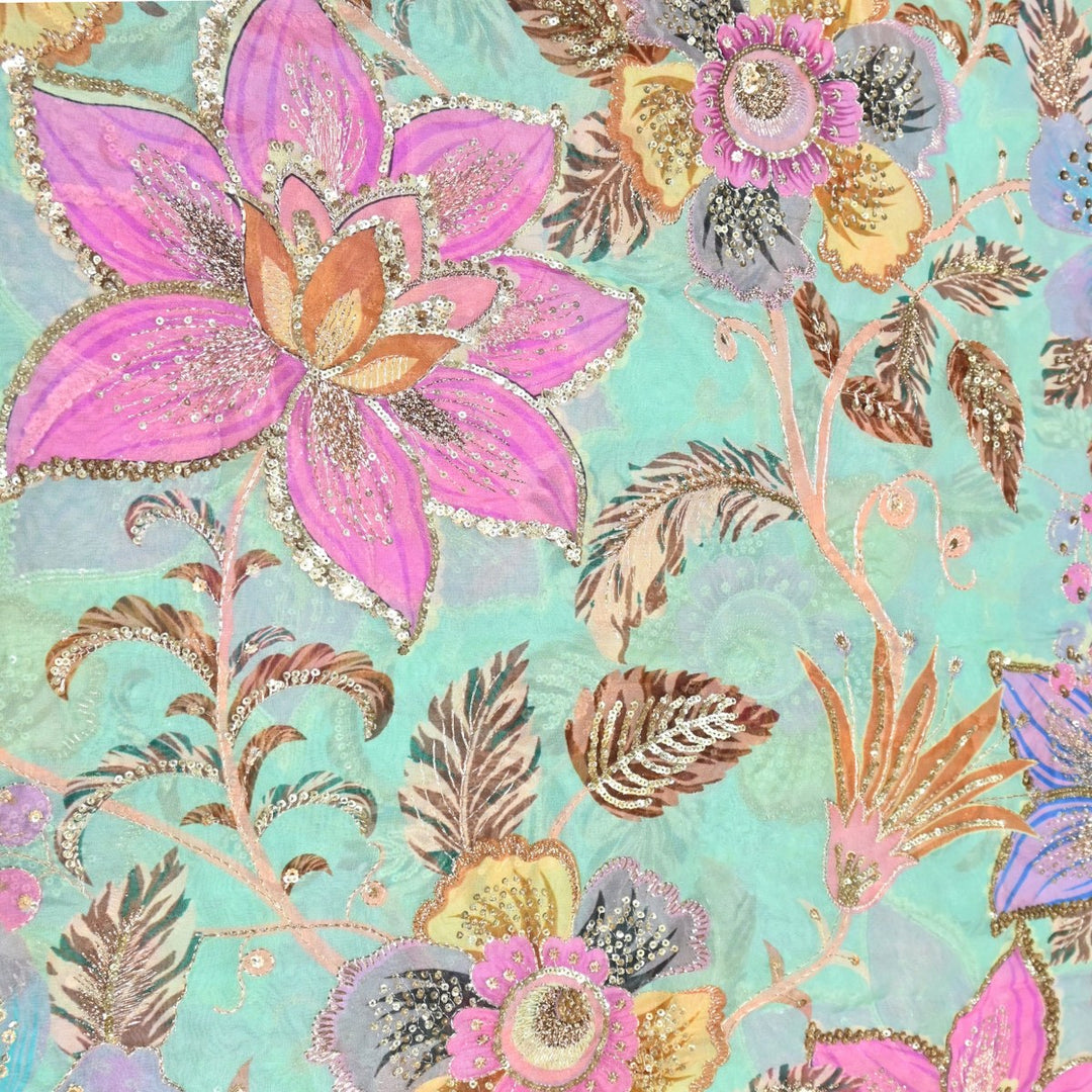 Viscose Organza Position Print Zari & Sequins Embroidery Fabric – Premium Designer Fabric-V1117C-1