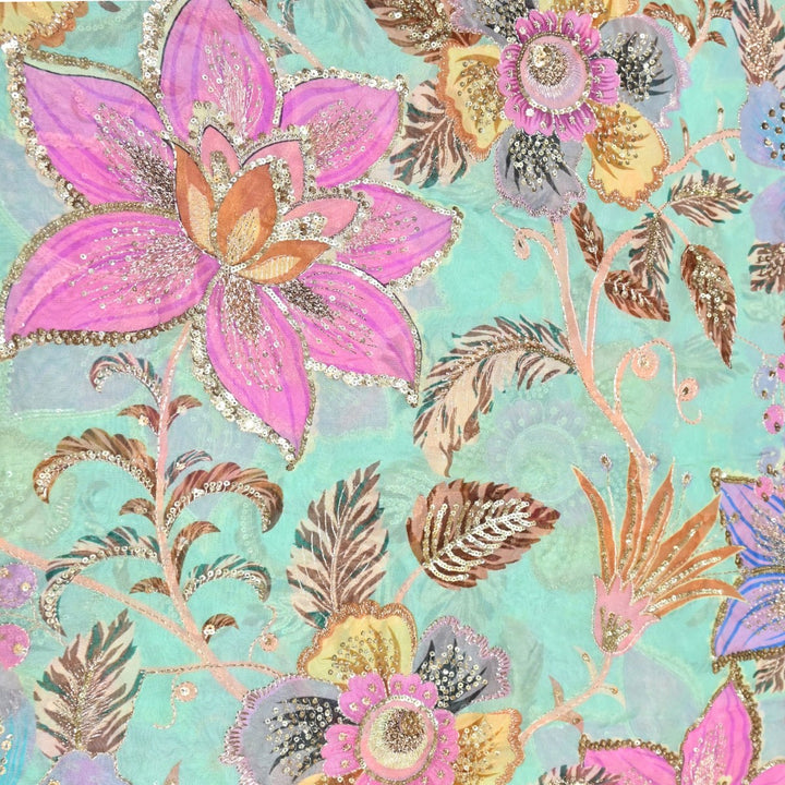 Viscose Organza Position Print Zari & Sequins Embroidery Fabric – Premium Designer Fabric-V1117C-1