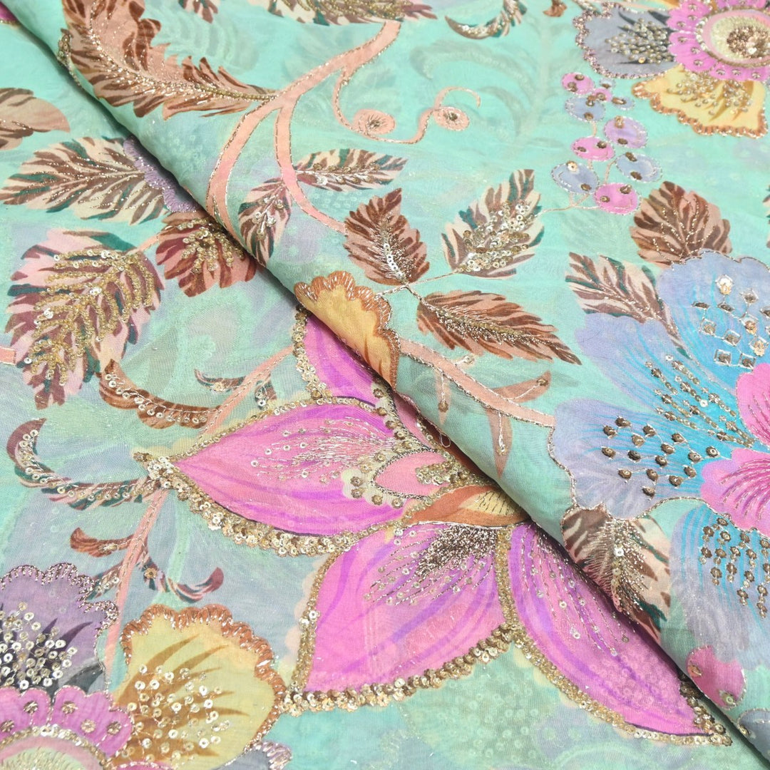 Viscose Organza Position Print Zari & Sequins Embroidery Fabric – Premium Designer Fabric-V1117C-1