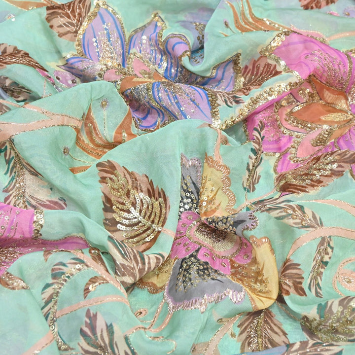 Viscose Organza Position Print Zari & Sequins Embroidery Fabric – Premium Designer Fabric-V1117C-1