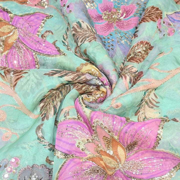 Viscose Organza Position Print Zari & Sequins Embroidery Fabric – Premium Designer Fabric-V1117C-1