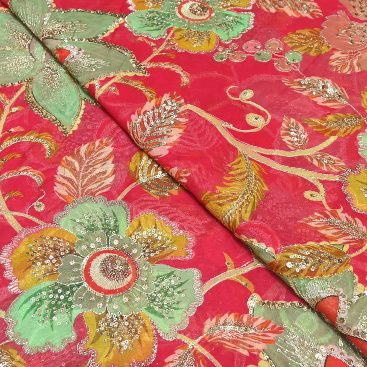 Viscose Organza Position Print Zari & Sequins Embroidery Fabric – Premium Designer Fabric-V1117C-2