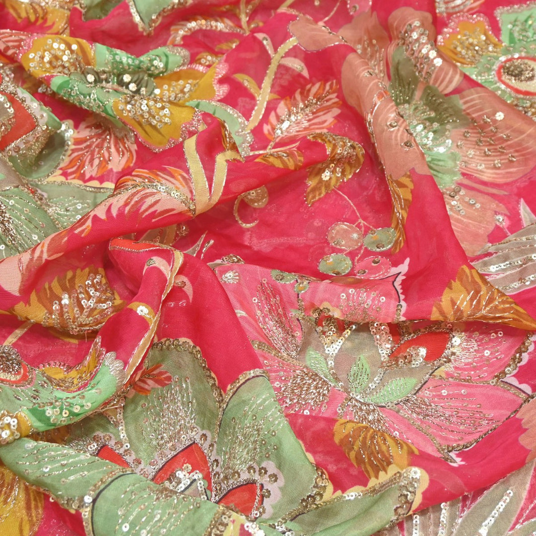 Viscose Organza Position Print Zari & Sequins Embroidery Fabric – Premium Designer Fabric-V1117C-2