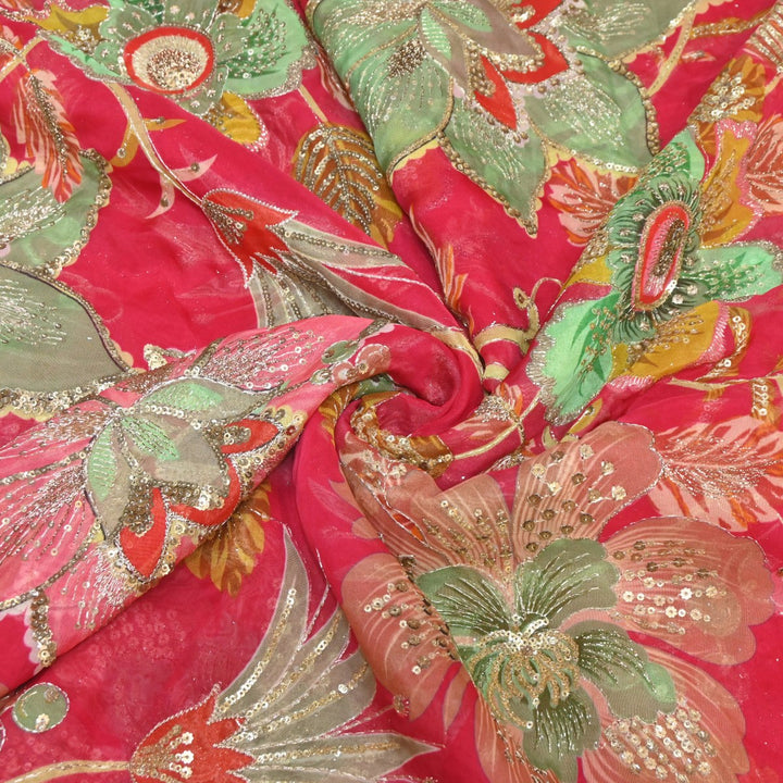 Viscose Organza Position Print Zari & Sequins Embroidery Fabric – Premium Designer Fabric-V1117C-2