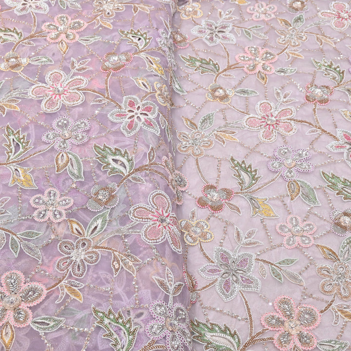 Premium Dyed Net Moti Sequins & Thread Work Embroidery Fabric | VI3345C-04