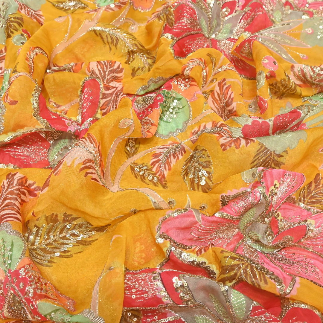 Viscose Organza Position Print Zari & Sequins Embroidery Fabric – Premium Designer Fabric-V1117C-3