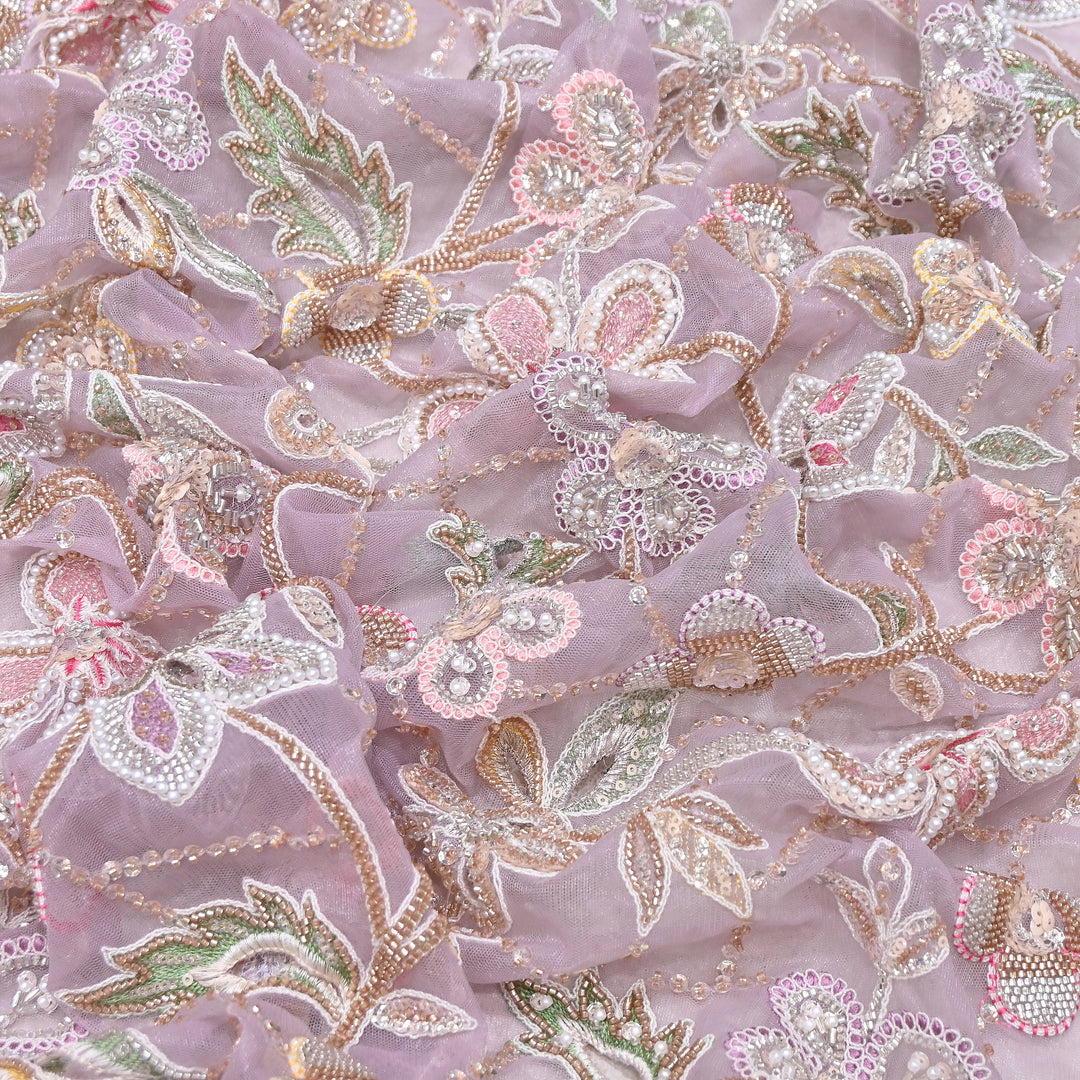 Premium Dyed Net Moti Sequins & Thread Work Embroidery Fabric | VI3345C-04