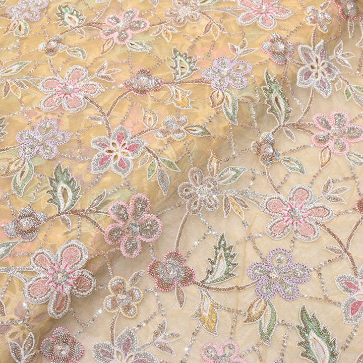 Premium Dyed Net Moti Sequins & Thread Work Embroidery Fabric | VI3345C-02