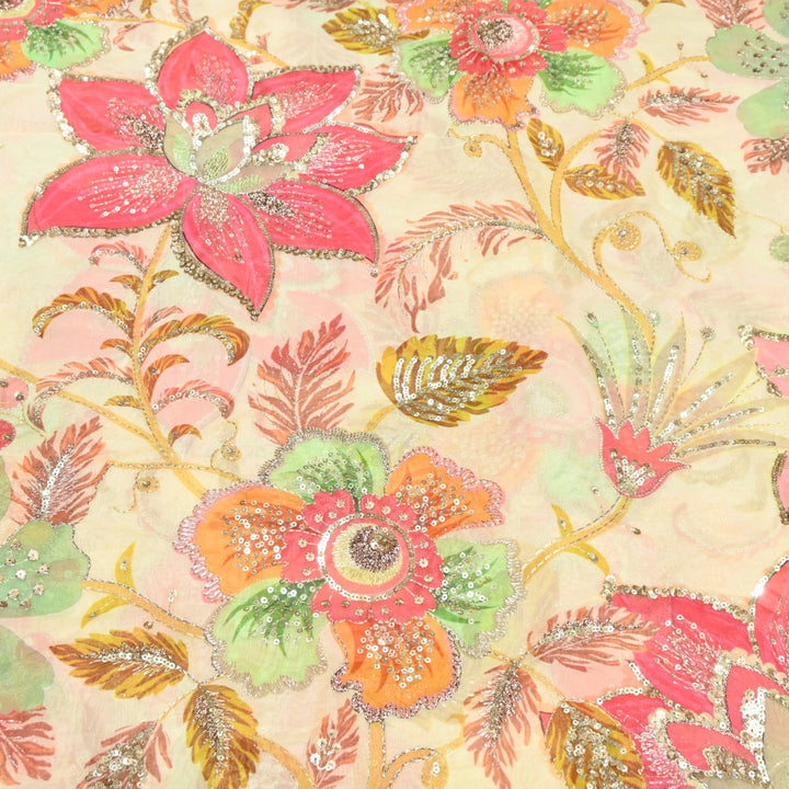 Viscose Organza Position Print Zari & Sequins Embroidery Fabric – Premium Designer Fabric-V1117C-4