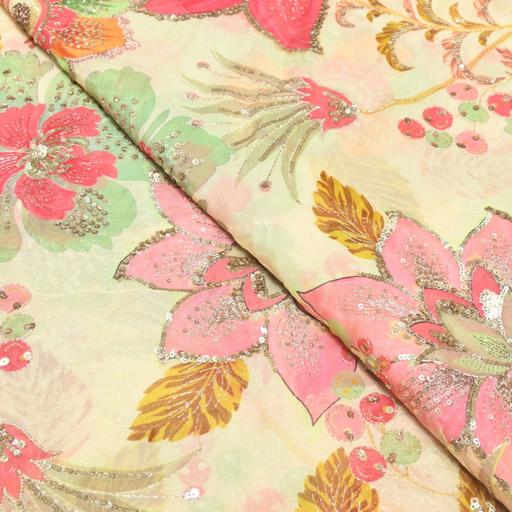 Viscose Organza Position Print Zari & Sequins Embroidery Fabric – Premium Designer Fabric-V1117C-4