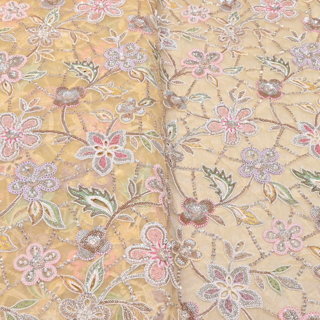 Premium Dyed Net Moti Sequins & Thread Work Embroidery Fabric | VI3345C-02