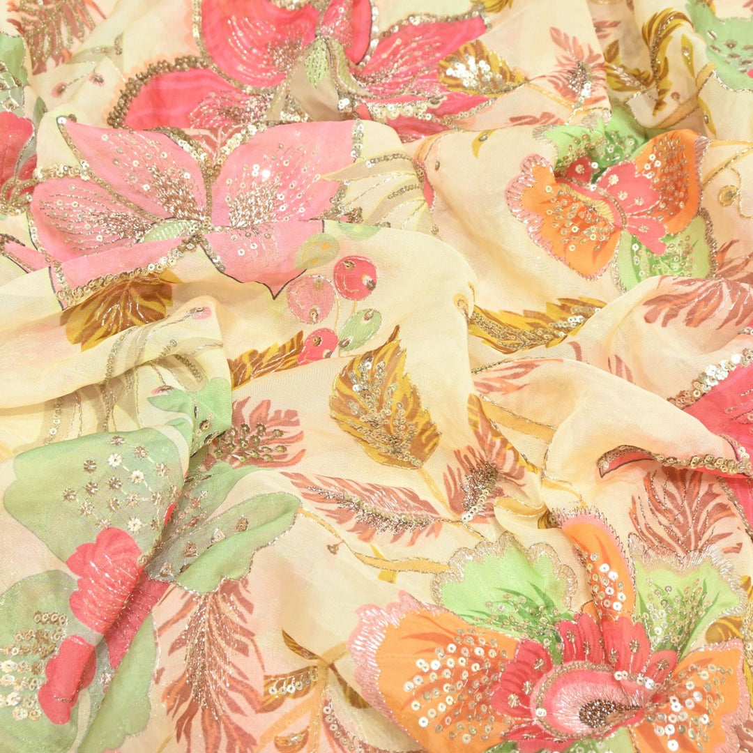 Viscose Organza Position Print Zari & Sequins Embroidery Fabric – Premium Designer Fabric-V1117C-4