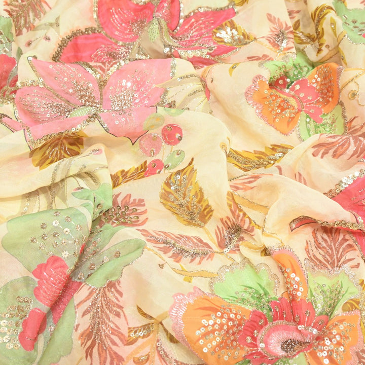 Viscose Organza Position Print Zari & Sequins Embroidery Fabric – Premium Designer Fabric-V1117C-4