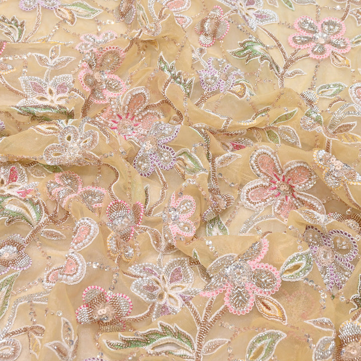 Premium Dyed Net Moti Sequins & Thread Work Embroidery Fabric | VI3345C-02
