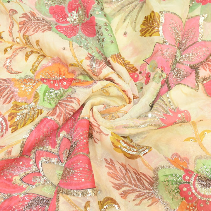 Viscose Organza Position Print Zari & Sequins Embroidery Fabric – Premium Designer Fabric-V1117C-4