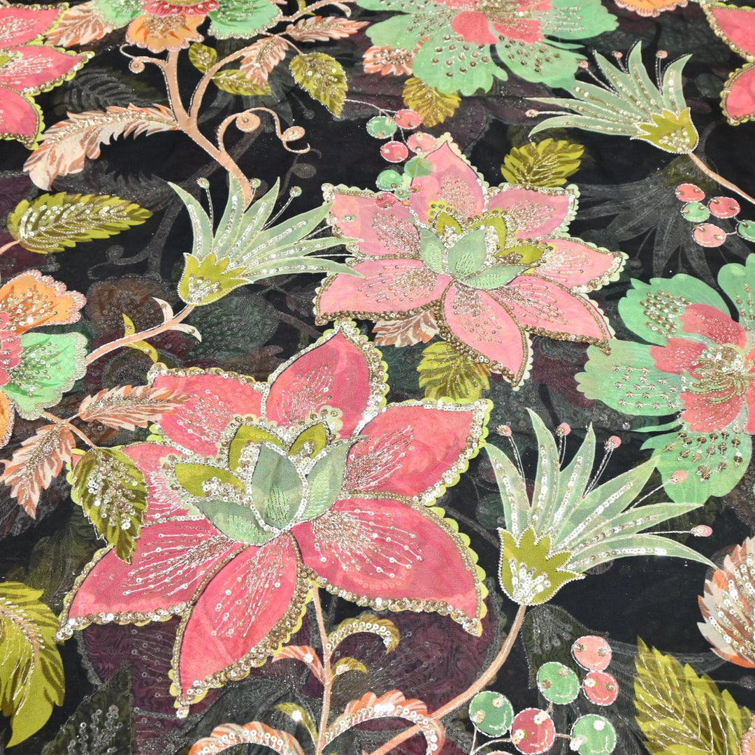 Viscose Organza Position Print Zari & Sequins Embroidery Fabric – Premium Designer Fabric-V1117C-5