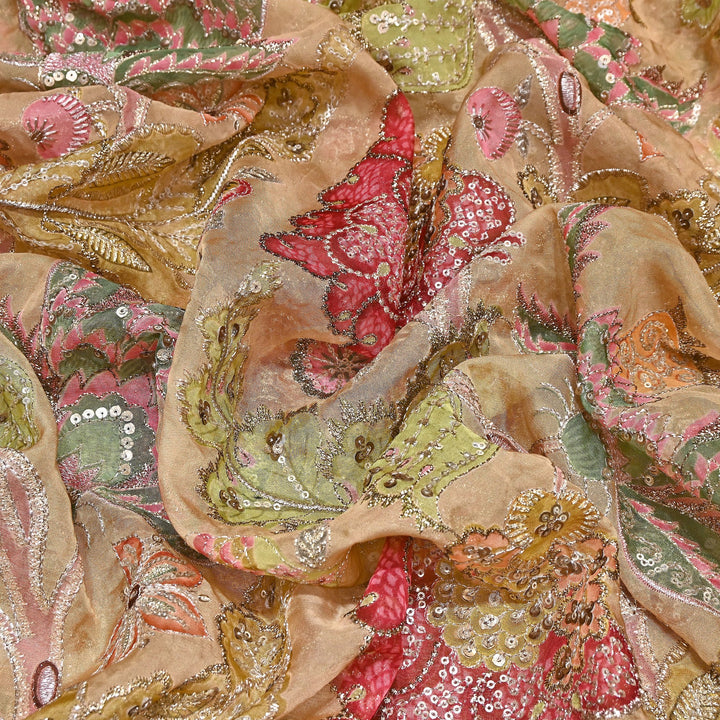 Premium Viscose Organza Position Print Fabric with Zari Sequins Embroidery- YC4398-1
