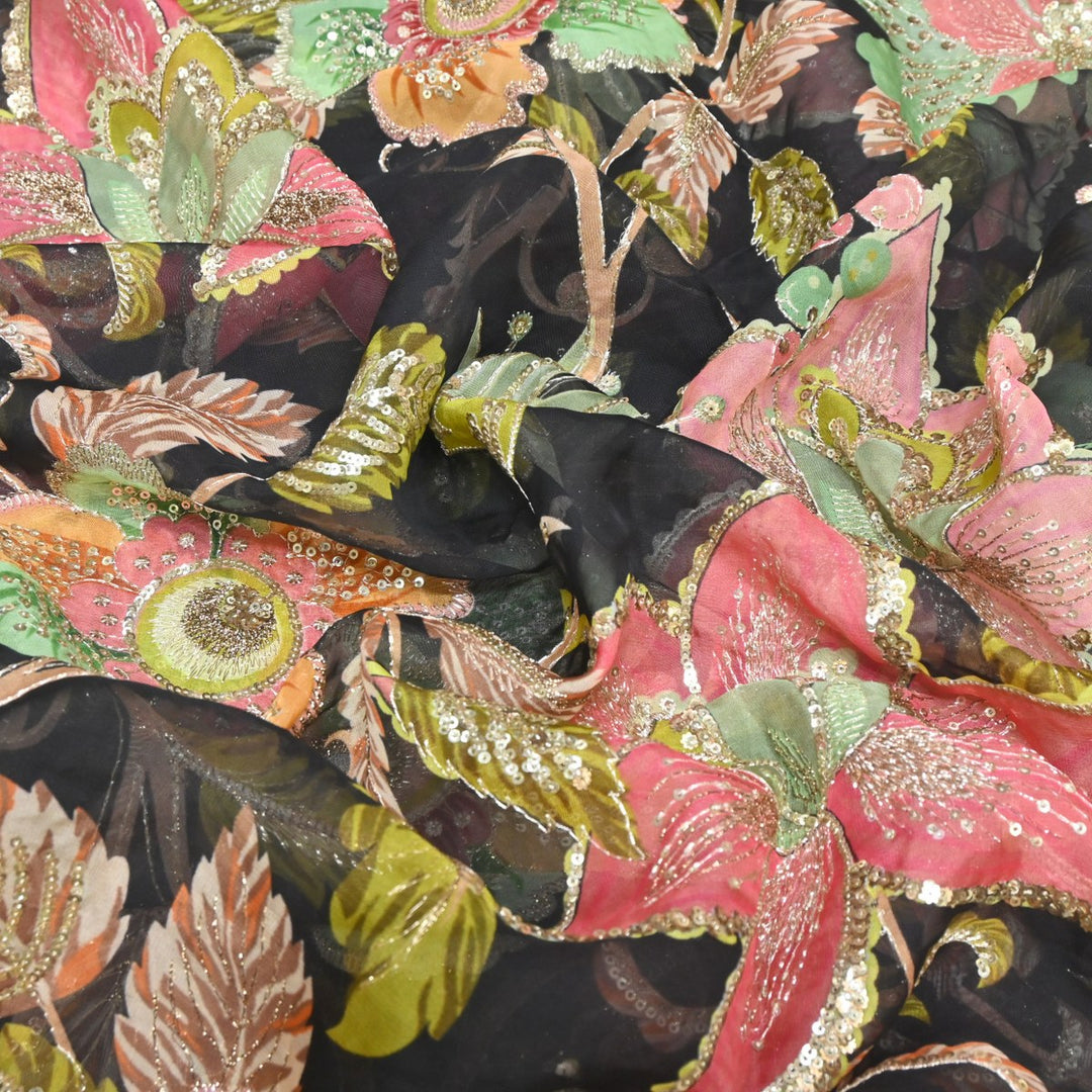 Viscose Organza Position Print Zari & Sequins Embroidery Fabric – Premium Designer Fabric-V1117C-5