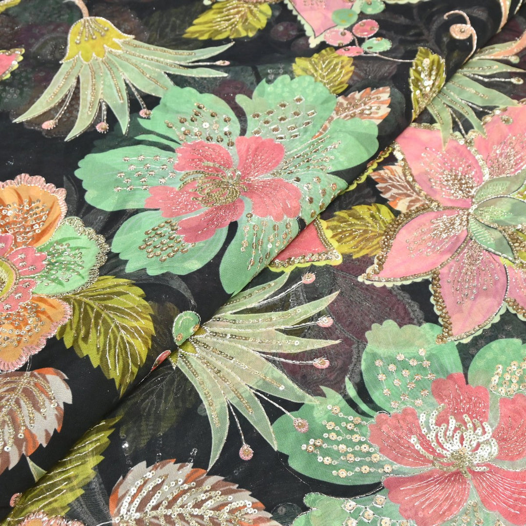 Viscose Organza Position Print Zari & Sequins Embroidery Fabric – Premium Designer Fabric-V1117C-5