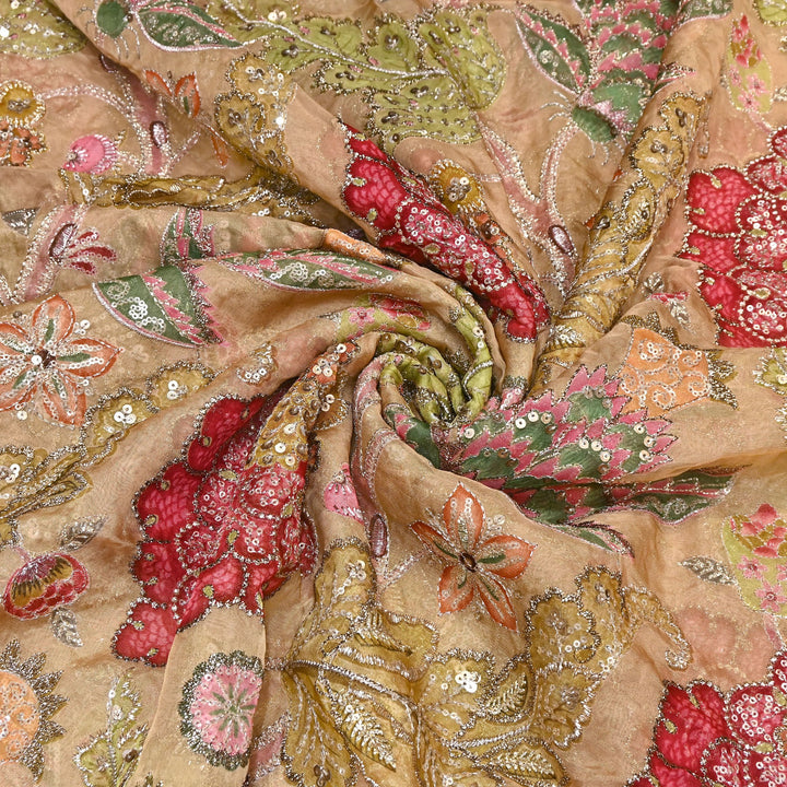 Premium Viscose Organza Position Print Fabric with Zari Sequins Embroidery- YC4398-1