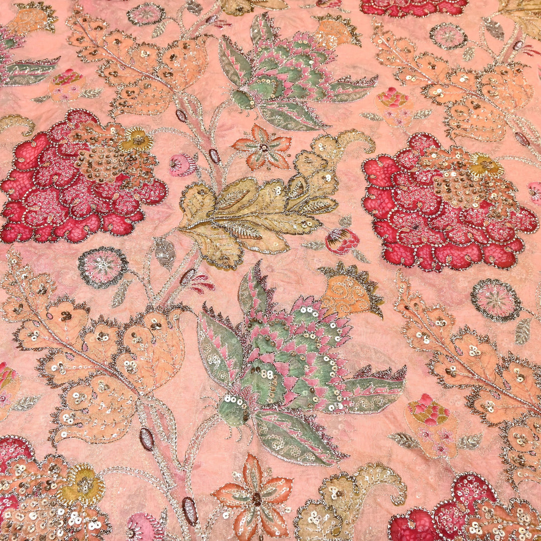 Premium Viscose Organza Position Print Fabric with Zari Sequins Embroidery- YC4398-2
