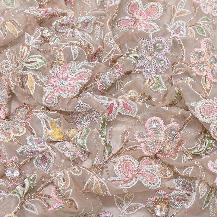 Premium Dyed Net Moti Sequins & Thread Work Embroidery Fabric | VI3345C-01