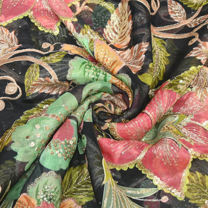 Viscose Organza Position Print Zari & Sequins Embroidery Fabric – Premium Designer Fabric-V1117C-5