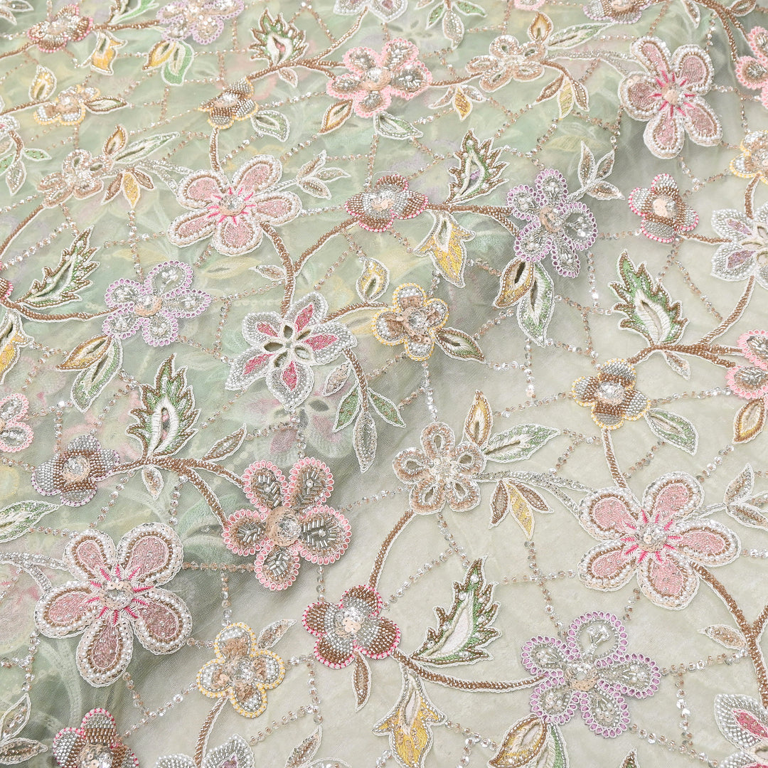 Premium Dyed Net Moti Sequins & Thread Work Embroidery Fabric | VI3345C-05