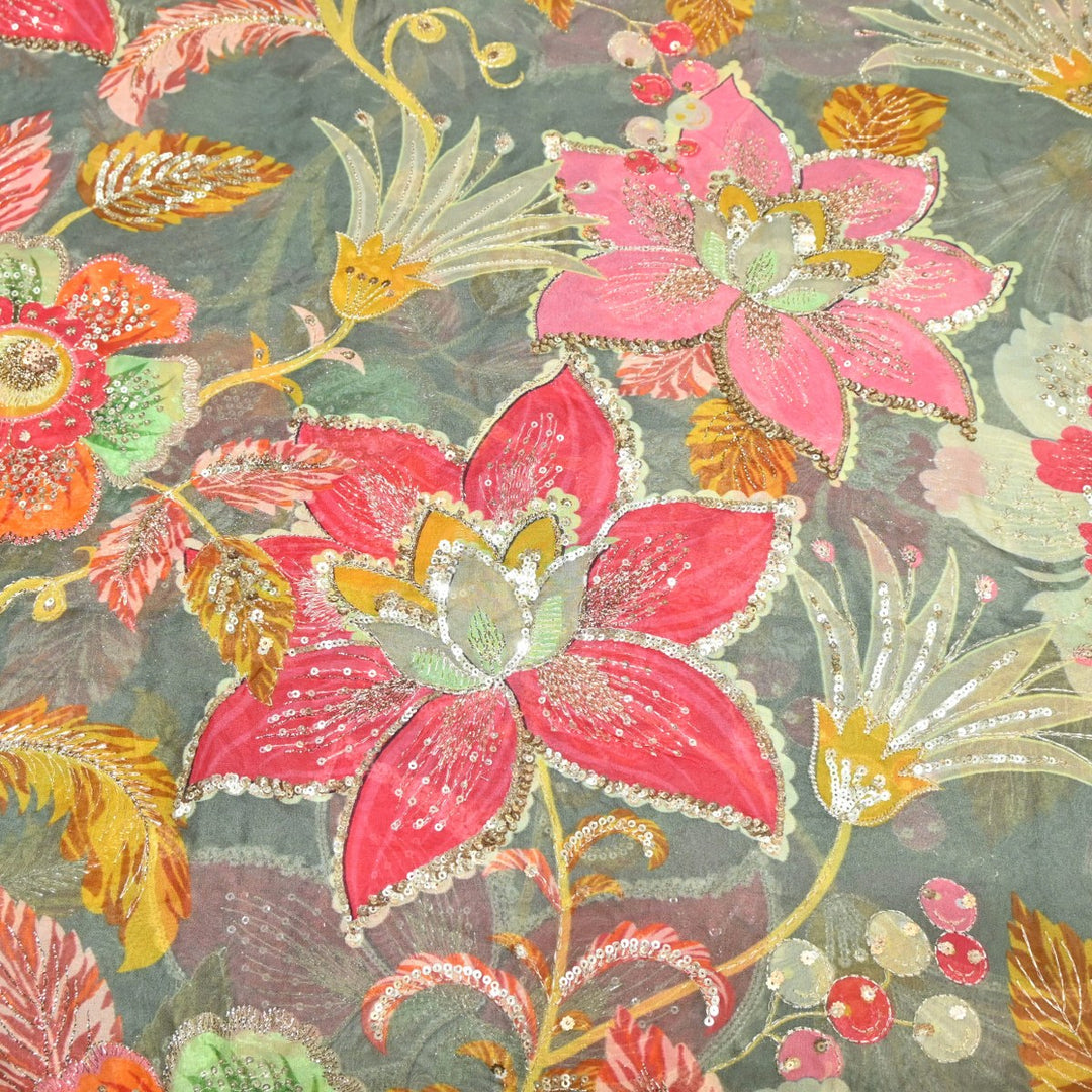 Viscose Organza Position Print Zari & Sequins Embroidery Fabric – Premium Designer Fabric-V1117C-6
