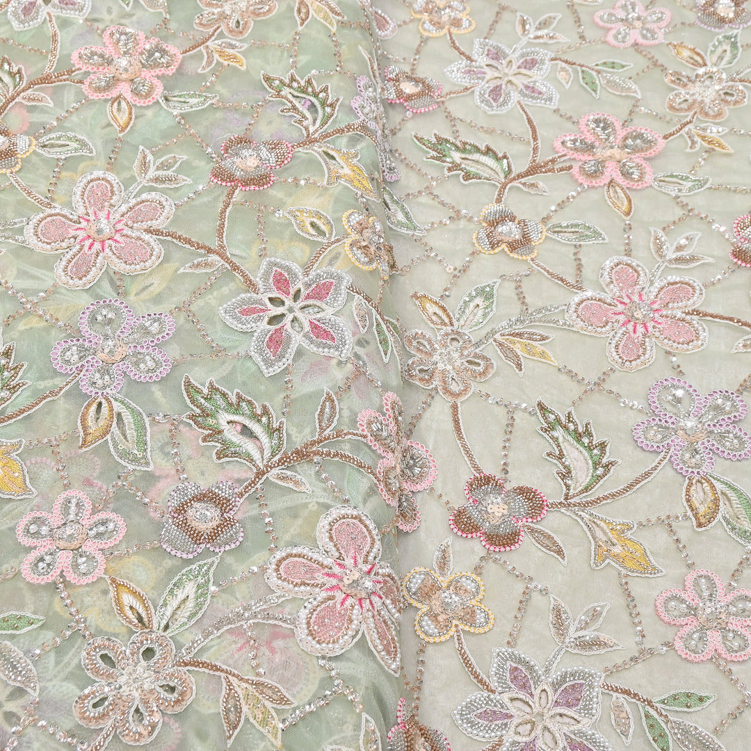 Premium Dyed Net Moti Sequins & Thread Work Embroidery Fabric | VI3345C-05