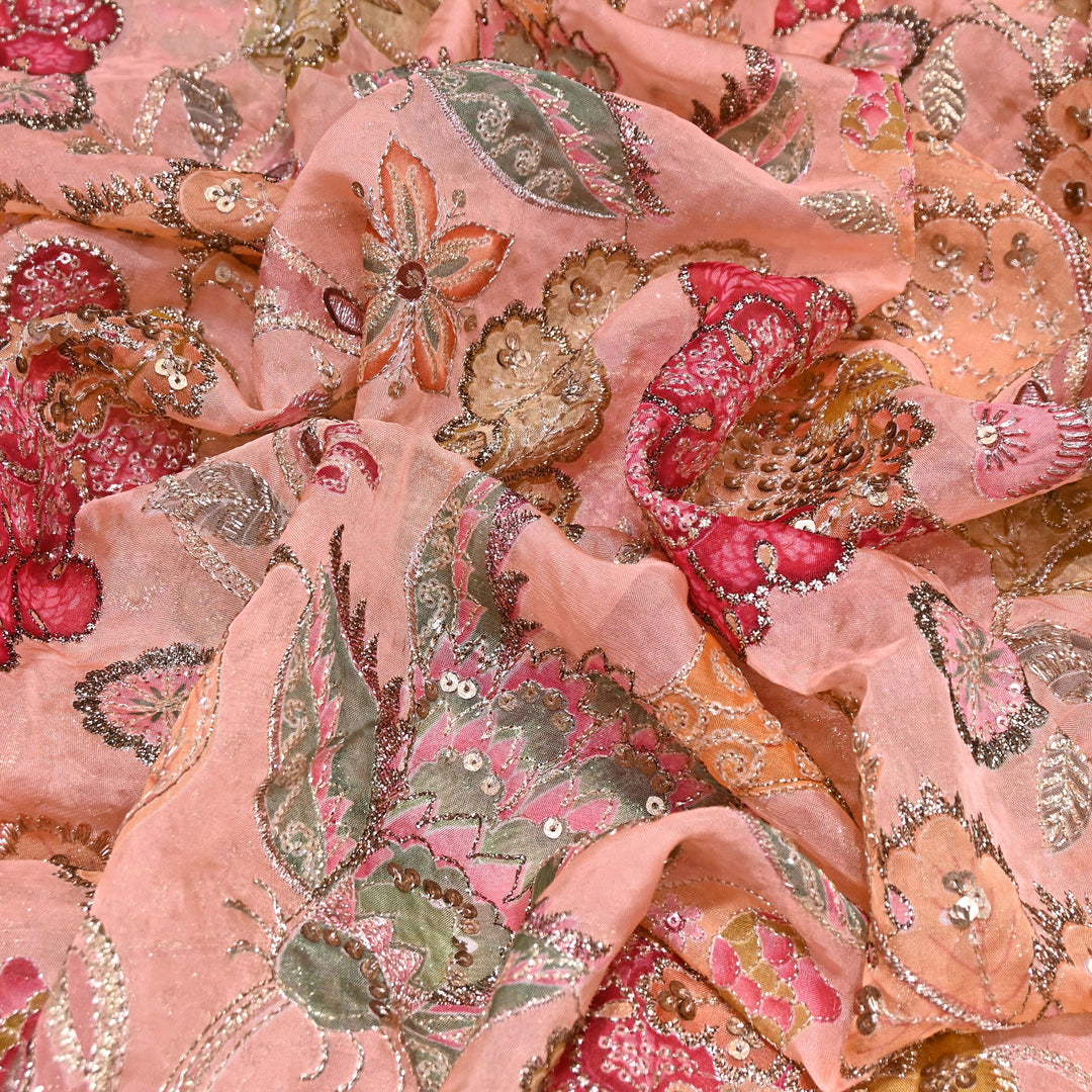Premium Viscose Organza Position Print Fabric with Zari Sequins Embroidery- YC4398-2