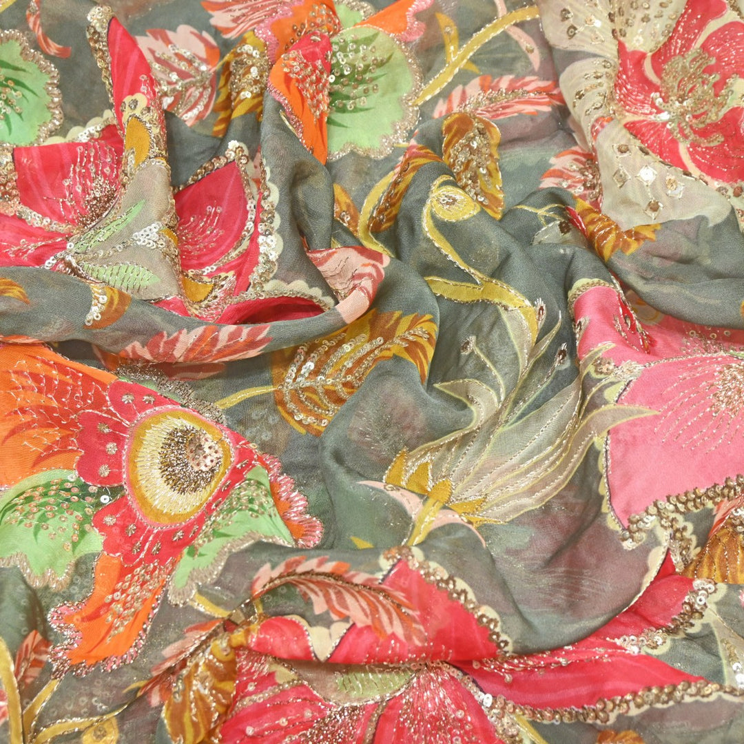 Viscose Organza Position Print Zari & Sequins Embroidery Fabric – Premium Designer Fabric-V1117C-6