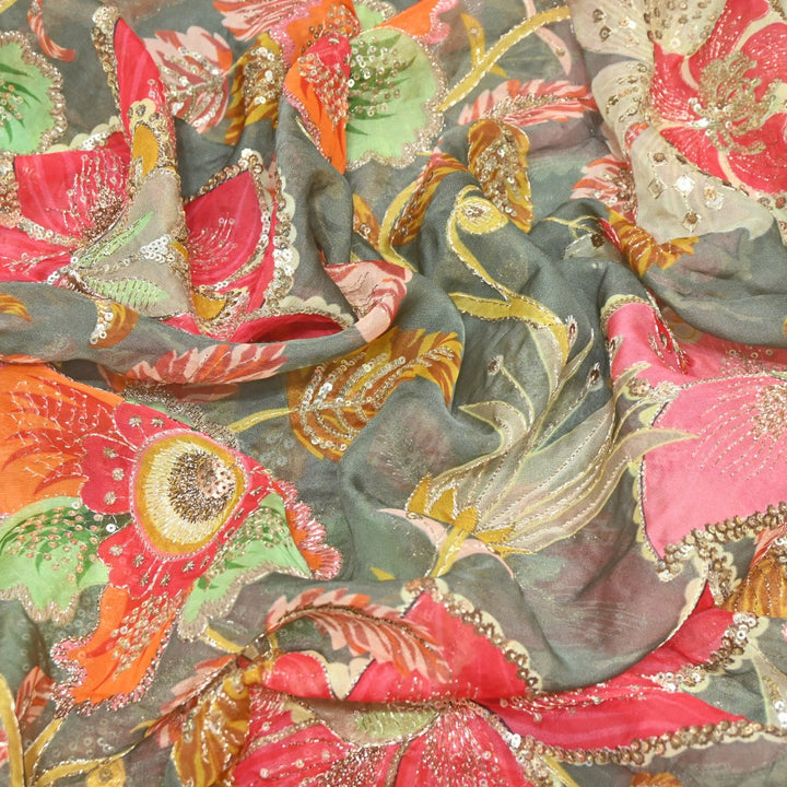 Viscose Organza Position Print Zari & Sequins Embroidery Fabric – Premium Designer Fabric-V1117C-6