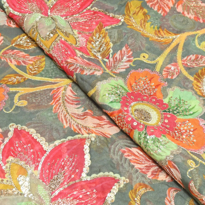 Viscose Organza Position Print Zari & Sequins Embroidery Fabric – Premium Designer Fabric-V1117C-6