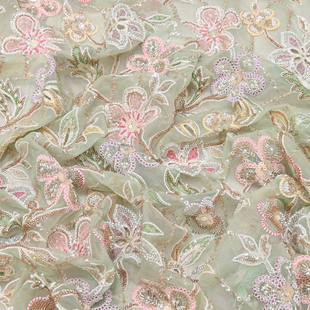 Premium Dyed Net Moti Sequins & Thread Work Embroidery Fabric | VI3345C-05